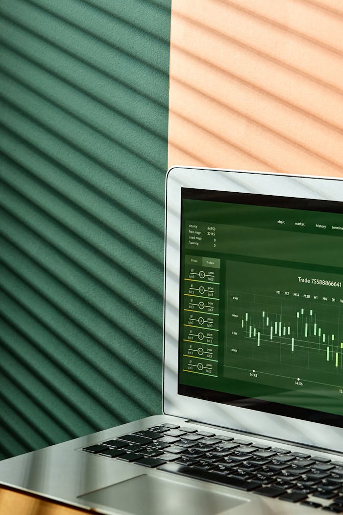 Close-up of a laptop showing financial graphs, enhanced by creative shadows. Ideal for business and finance themes.